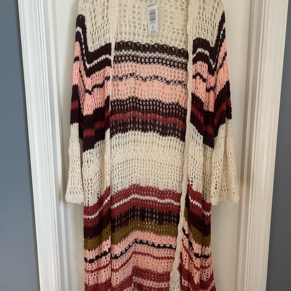 ⚜️ Torrid Striped Open-Knit Cardigan in Cream, Brown and Pink
